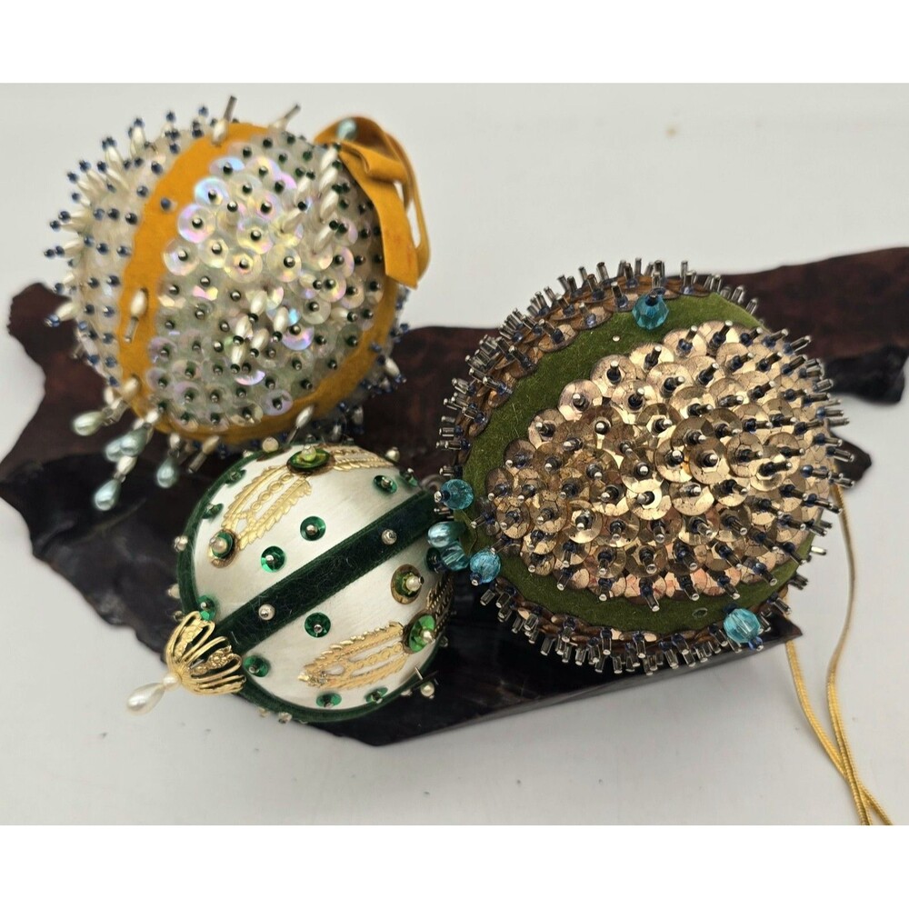 3 Vintage Christmas Handmade Push Pin Sequins Beaded Ornaments